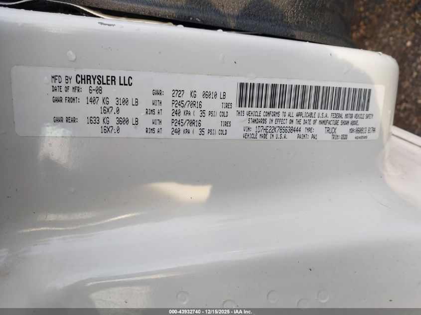 2008 Dodge Dakota St VIN: 1D7HE22K78S638444 Lot: 43932740