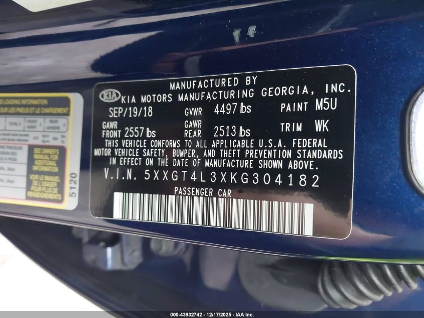 2019 Kia Optima Lx VIN: 5XXGT4L3XKG304182 Lot: 43932742