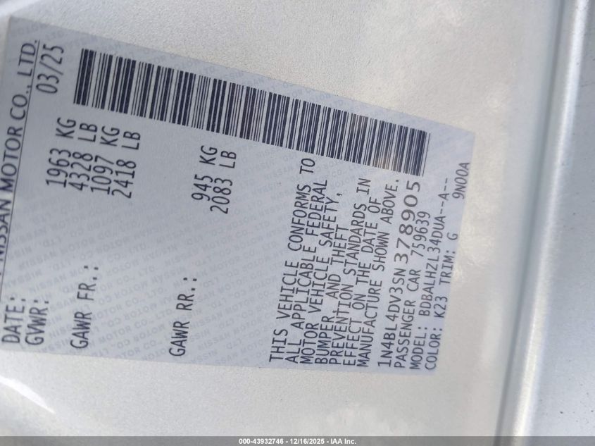 2025 Nissan Altima Sv Fwd VIN: 1N4BL4DV3SN378905 Lot: 43932746