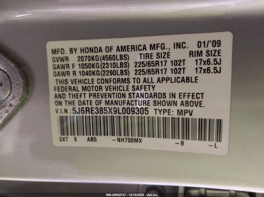 2009 Honda Cr-V Ex VIN: 5J6RE385X9L009305 Lot: 43932747