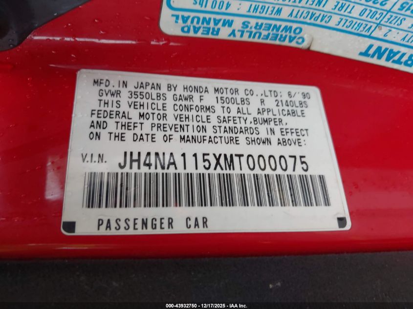 1991 Acura Nsx VIN: JH4NA115XMT000075 Lot: 43932750