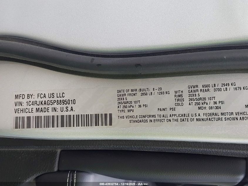 2023 Jeep Grand Cherokee L Altitude 4X4 VIN: 1C4RJKAG5P8895010 Lot: 43932754