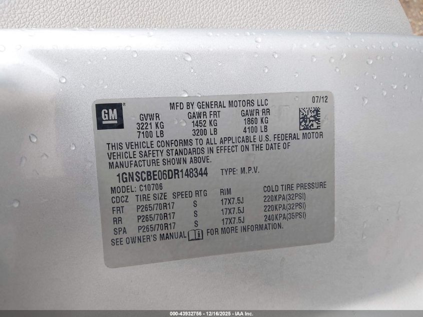 2013 Chevrolet Tahoe Lt VIN: 1GNSCBE06DR148344 Lot: 43932756