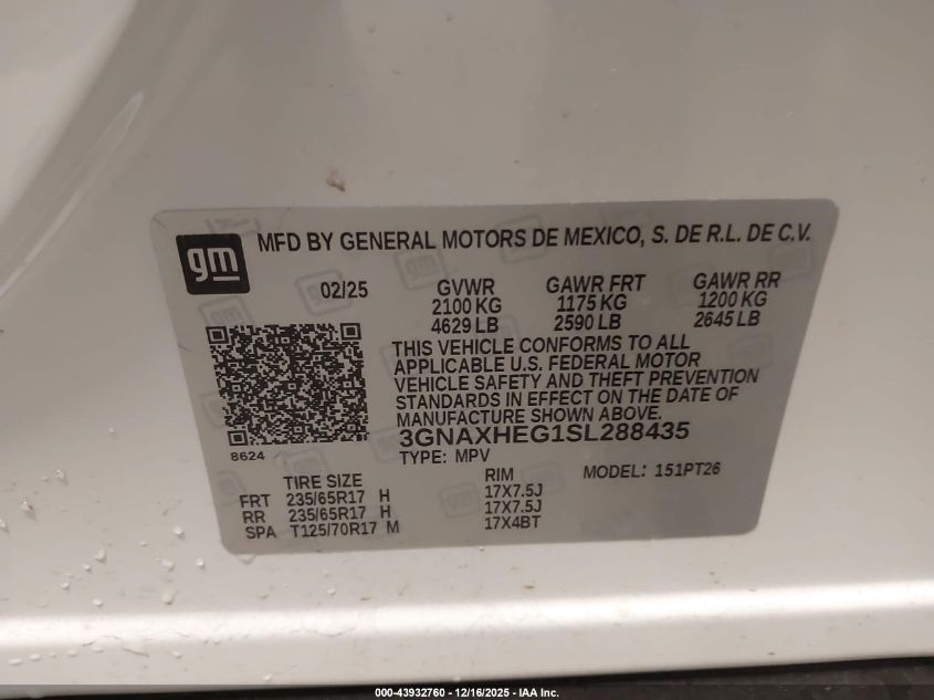 2025 Chevrolet Equinox Fwd Lt VIN: 3GNAXHEG1SL288435 Lot: 43932760