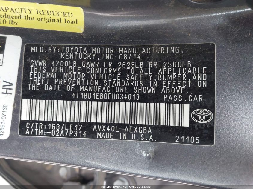 2014 Toyota Avalon Hybrid Xle Touring VIN: 4T1BD1EB0EU034013 Lot: 43932765