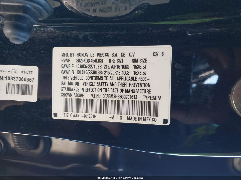 2016 Honda Cr-V Lx VIN: 3CZRM3H33GG701613 Lot: 43932768