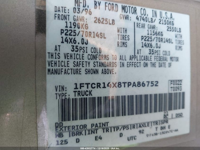 1996 Ford Ranger Super Cab VIN: 1FTCR14X8TPA86752 Lot: 43932774