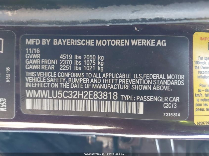 2017 Mini Clubman Cooper S VIN: WMWLU5C32H2E83818 Lot: 43932778