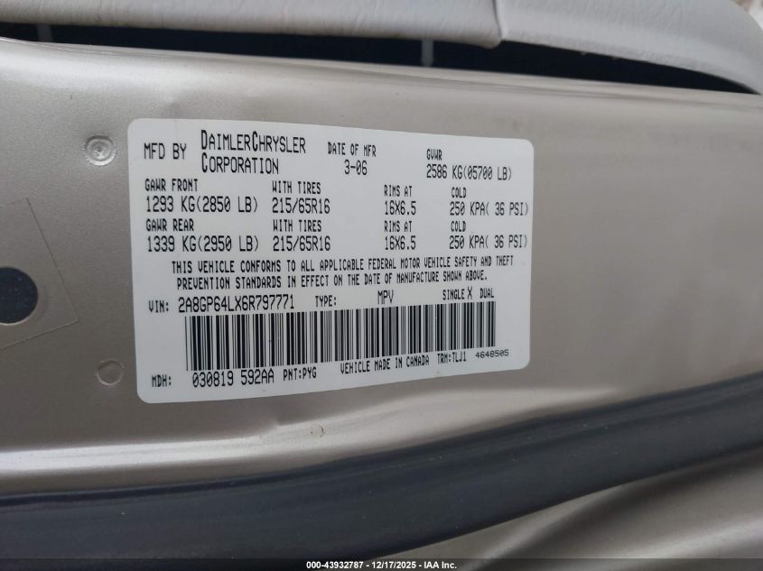 2006 Chrysler Town & Country Limited VIN: 2A8GP64LX6R797771 Lot: 43932787