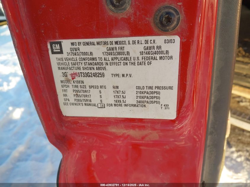 2003 Chevrolet Avalanche 1500 VIN: 3GNEK13T33G248259 Lot: 43932791