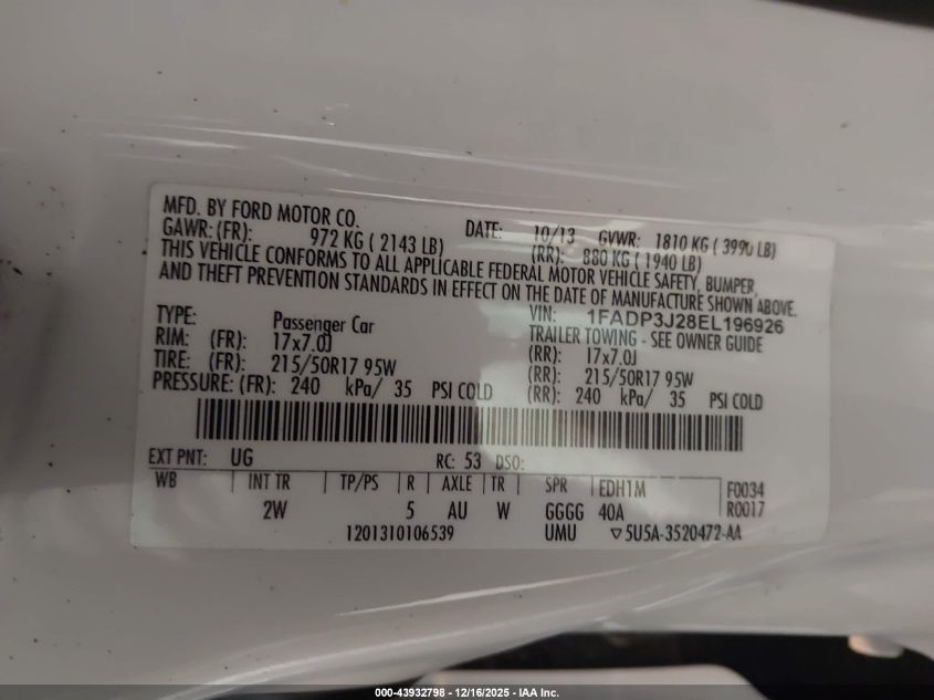 2014 Ford Focus Titanium VIN: 1FADP3J28EL196926 Lot: 43932798