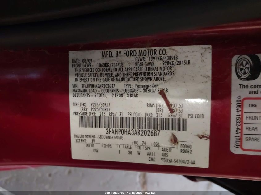 2010 Ford Fusion Se VIN: 3FAHP0HA3AR202687 Lot: 43932799