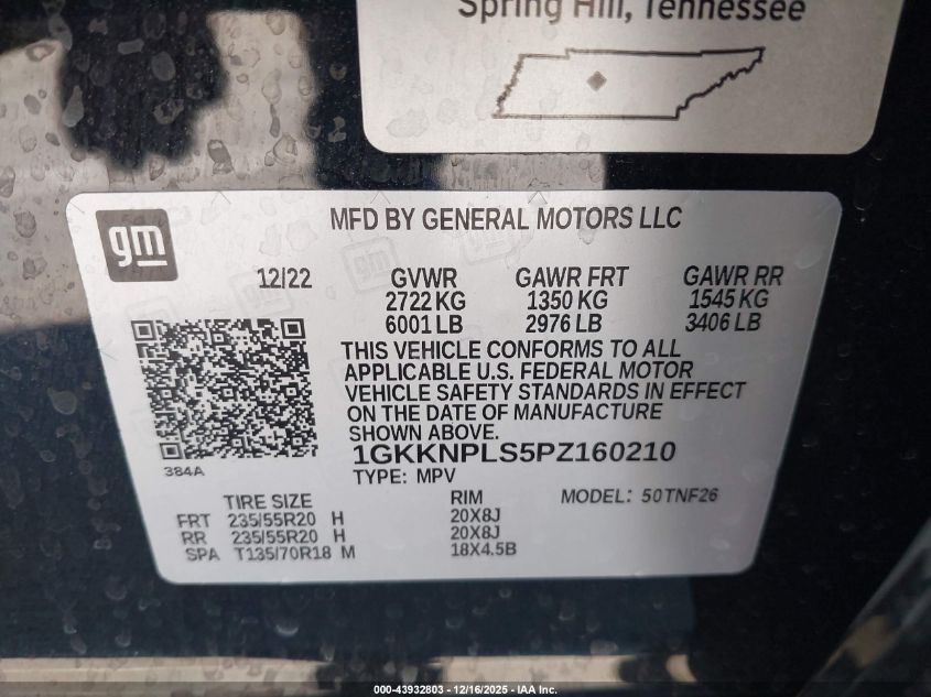 2023 GMC Acadia Fwd Denali VIN: 1GKKNPLS5PZ160210 Lot: 43932803