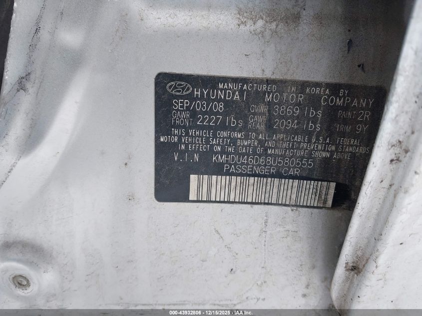 2008 Hyundai Elantra Gls/Se VIN: KMHDU46D68U580555 Lot: 43932806