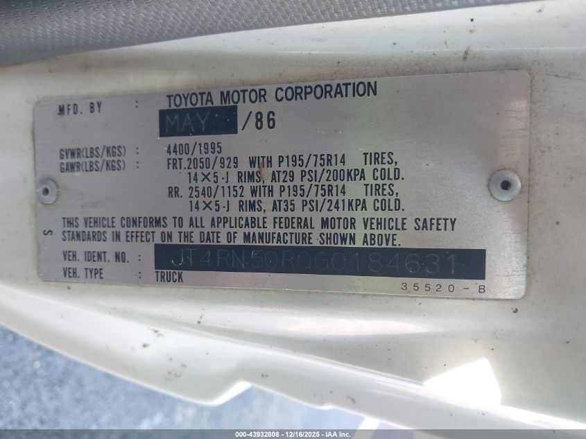 1986 Toyota Pickup 1/2 Ton Rn50 VIN: JT4RN50R0G0184631 Lot: 43932808