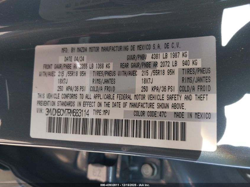 2024 Mazda Cx-30 2.5 S Carbon Edition VIN: 3MVDMBCM7RM683114 Lot: 43932811