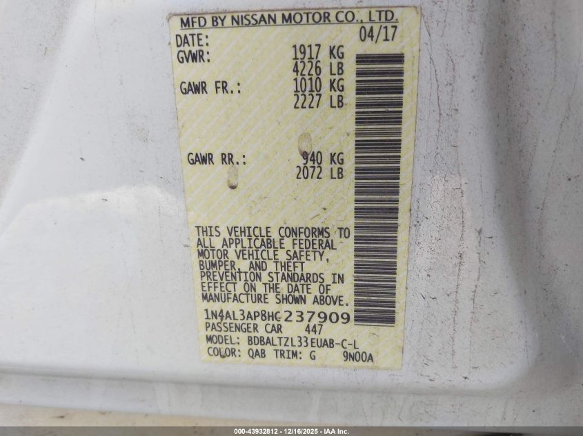 2017 Nissan Altima 2.5 Sl VIN: 1N4AL3AP8HC237909 Lot: 43932812