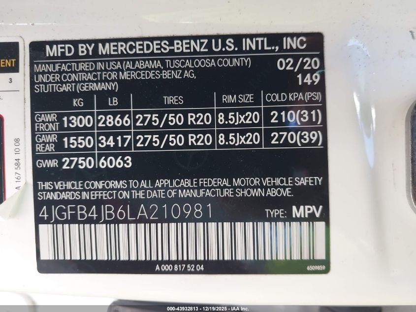 2020 Mercedes-Benz Gle 350 VIN: 4JGFB4JB6LA210981 Lot: 43932813