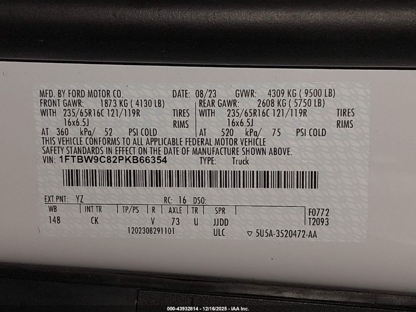 2023 Ford Transit-350 VIN: 1FTBW9C82PKB66354 Lot: 43932814