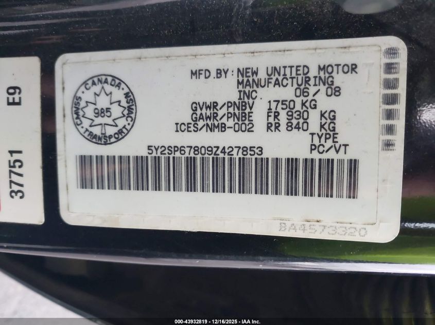 2009 Pontiac Vibe VIN: 5Y2SP67809Z427853 Lot: 43932819