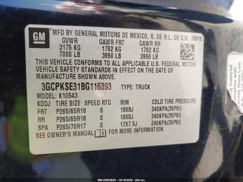 2011 Chevrolet Silverado 1500 Lt VIN: 3GCPKSE31BG116393 Lot: 43932820