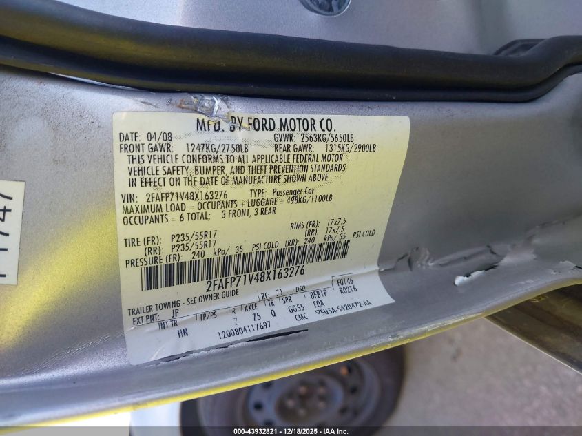 2008 Ford Crown Victoria Police Interceptor VIN: 2FAFP71V48X163276 Lot: 43932821