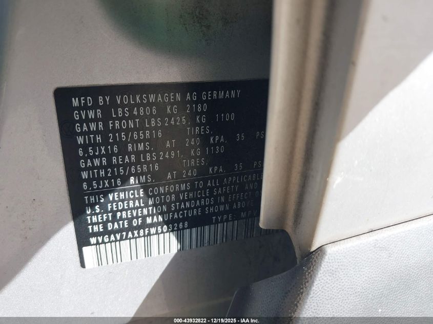2015 Volkswagen Tiguan S VIN: WVGAV7AX8FW503268 Lot: 43932822
