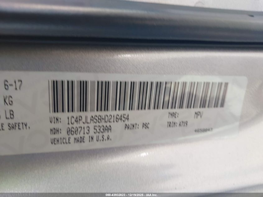 2017 Jeep Cherokee Sport Fwd VIN: 1C4PJLAS8HD216454 Lot: 43932823