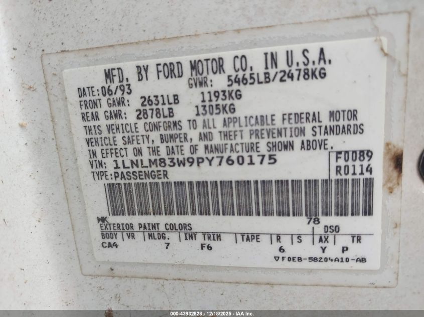 1993 Lincoln Town Car Cartier VIN: 1LNLM83W9PY760175 Lot: 43932828