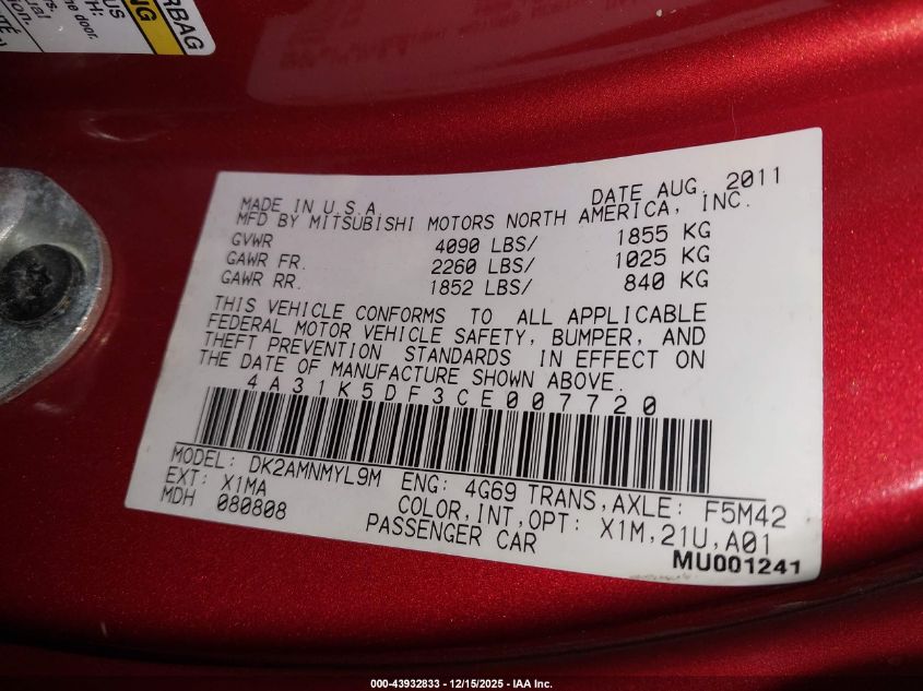 2012 Mitsubishi Eclipse Gs/Gs Sport/Se VIN: 4A31K5DF3CE007720 Lot: 43932833