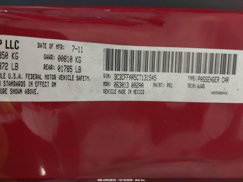 2012 Fiat 500 Pop VIN: 3C3CFFAR5CT131545 Lot: 43932835