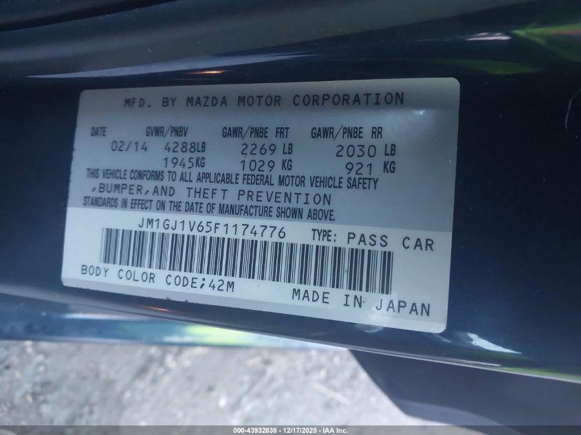 2015 Mazda Mazda6 I Touring VIN: JM1GJ1V65F1174776 Lot: 43932836