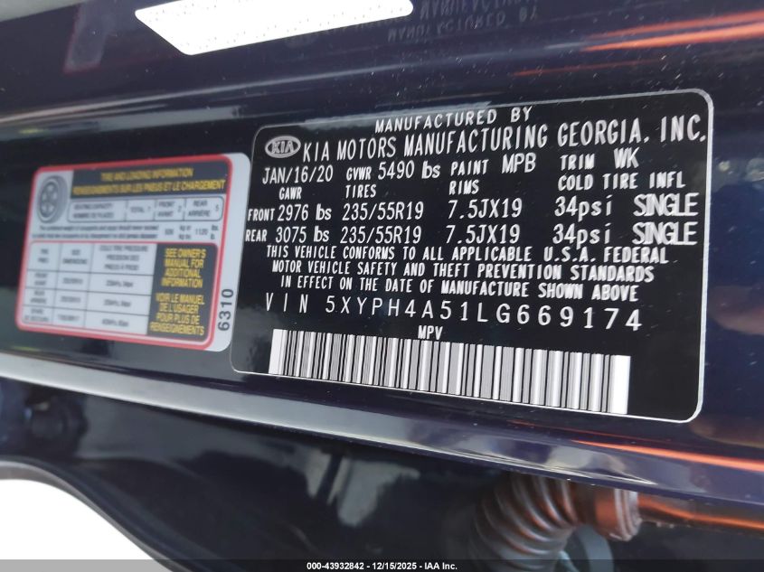 2020 Kia Sorento 3.3L Ex VIN: 5XYPH4A51LG669174 Lot: 43932842