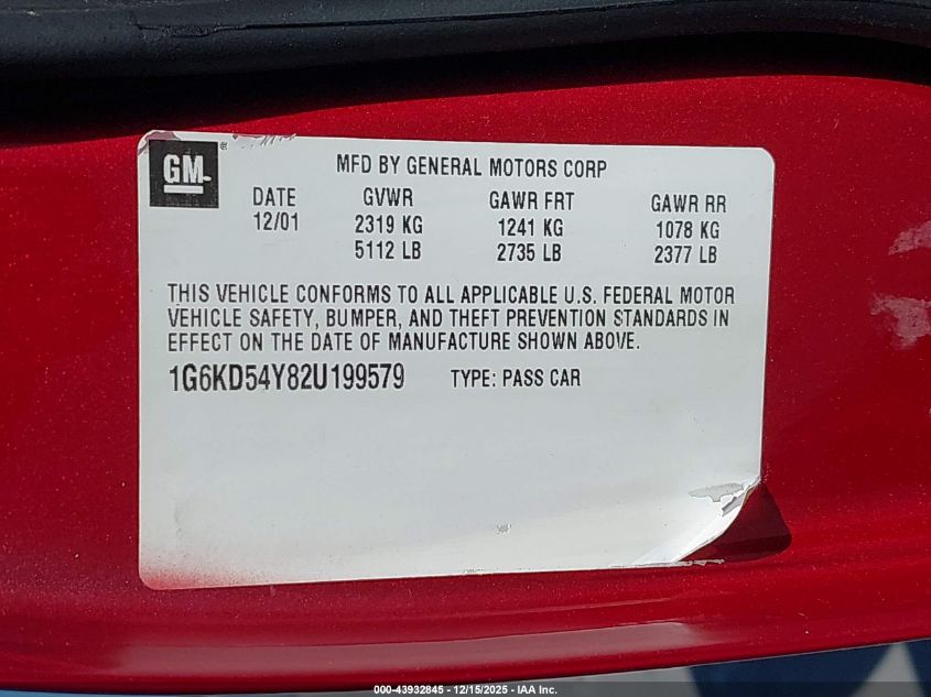 2002 Cadillac Deville Standard VIN: 1G6KD54Y82U199579 Lot: 43932845