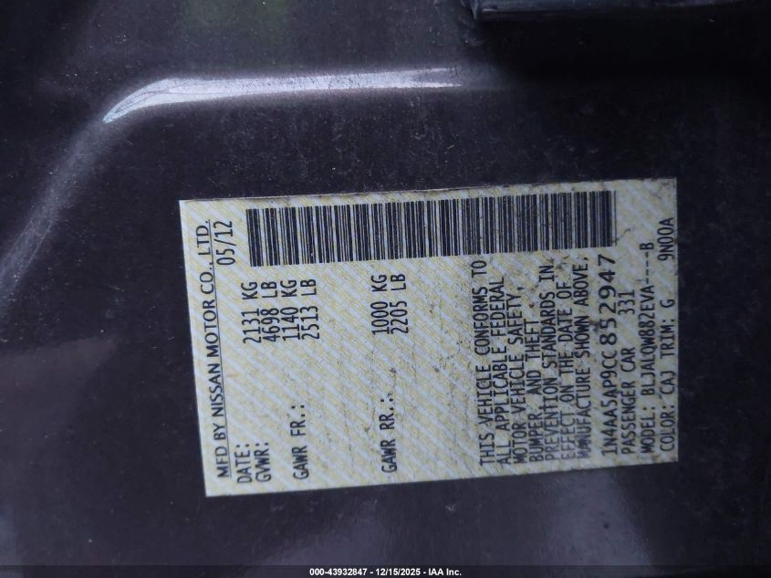 2012 Nissan Maxima 3.5 S VIN: 1N4AA5AP9CC852947 Lot: 43932847