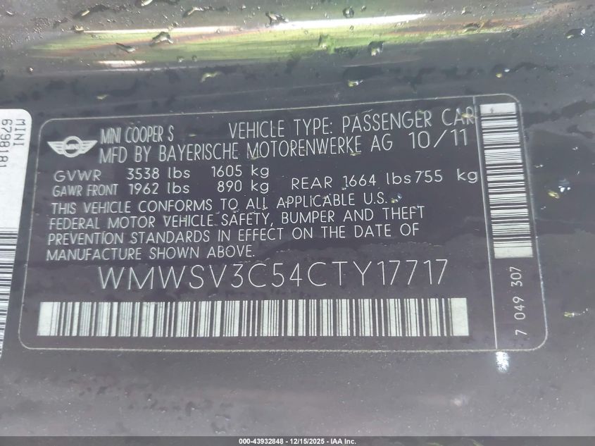 2012 Mini Cooper S VIN: WMWSV3C54CTY17717 Lot: 43932848