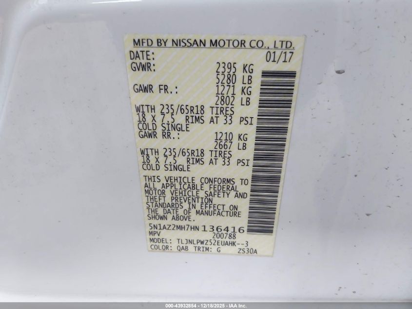 2017 Nissan Murano S VIN: 5N1AZ2MH7HN136416 Lot: 43932854