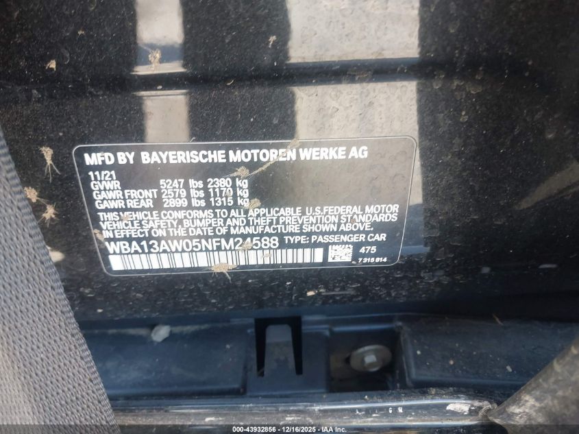 2022 BMW M440I Gran Coupe xDrive VIN: WBA13AW05NFM24588 Lot: 43932856