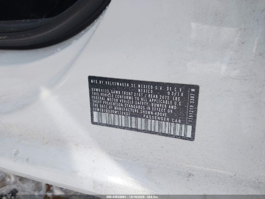 2019 Volkswagen Jetta 1.4T R-Line/1.4T S/1.4T Se VIN: 3VWCB7BU3KM172407 Lot: 43932861