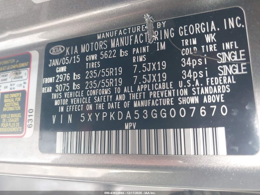 2016 Kia Sorento 3.3L Sxl VIN: 5XYPKDA53GG007670 Lot: 43932864