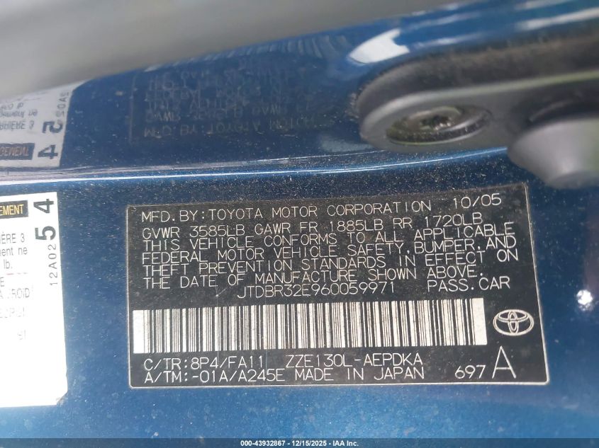 2006 Toyota Corolla Ce VIN: JTDBR32E960059971 Lot: 43932867