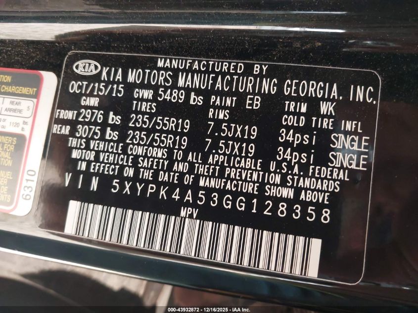 2016 Kia Sorento 3.3L Sxl VIN: 5XYPK4A53GG128358 Lot: 43932872