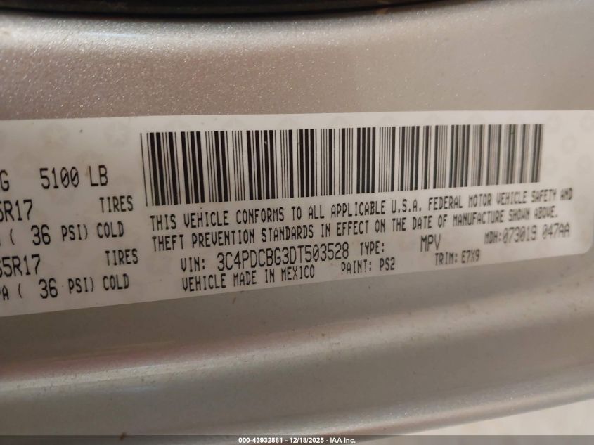 2013 Dodge Journey Sxt VIN: 3C4PDCBG3DT503528 Lot: 43932881