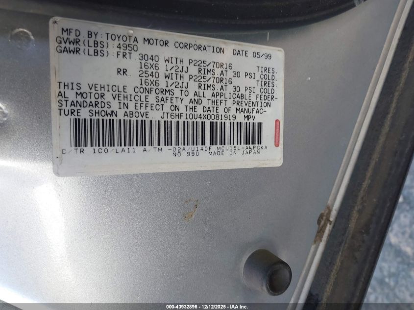 1999 Lexus Rx 300 VIN: JT6HF10U4X0081919 Lot: 43932896