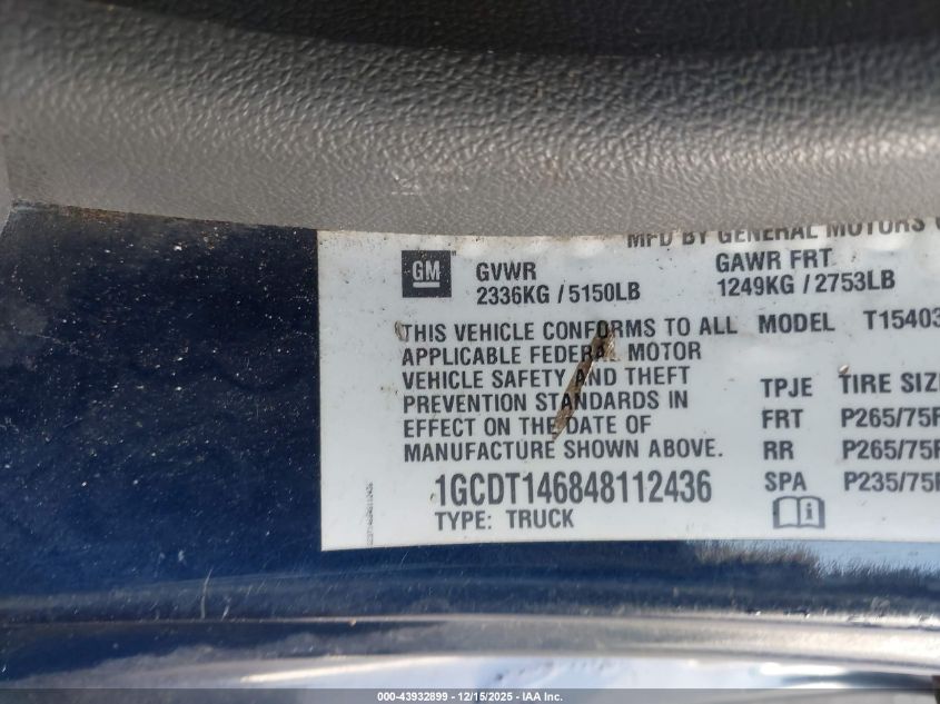 2004 Chevrolet Colorado Ls VIN: 1GCDT146848112436 Lot: 43932899