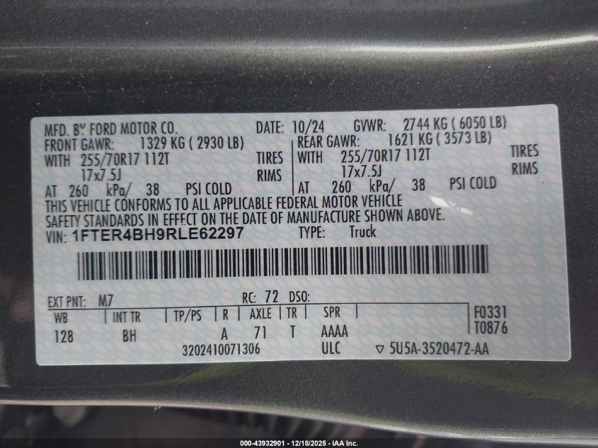 2024 Ford Ranger Xl VIN: 1FTER4BH9RLE62297 Lot: 43932901