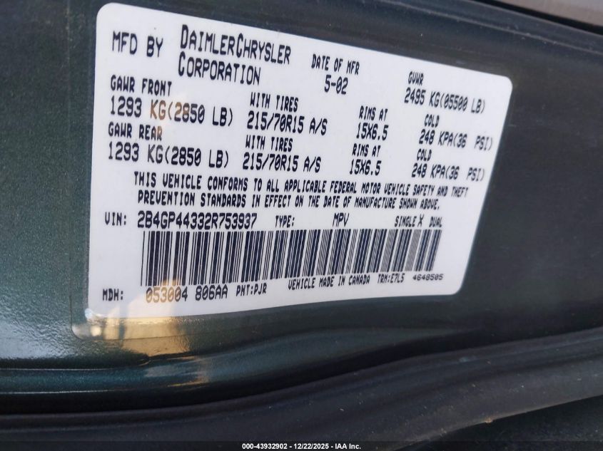 2002 Dodge Grand Caravan Sport VIN: 2B4GP44332R753937 Lot: 43932902
