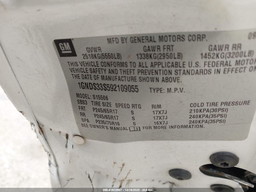 2009 Chevrolet Trailblazer Lt VIN: 1GNDS33S592109055 Lot: 43932907