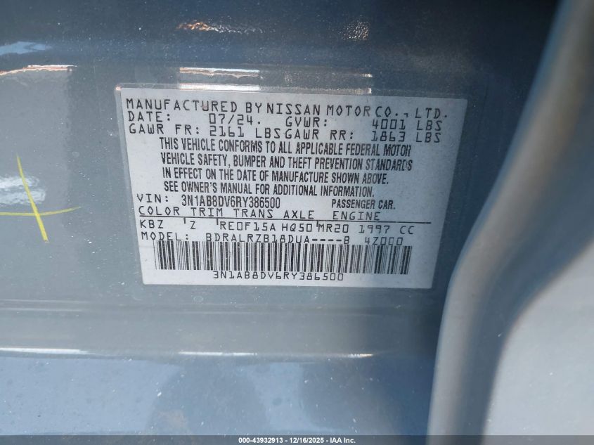 2024 Nissan Sentra Sr Xtronic Cvt VIN: 3N1AB8DV6RY386500 Lot: 43932913