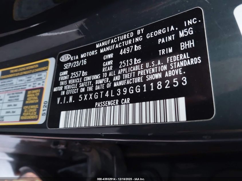 2016 Kia Optima Lx VIN: 5XXGT4L39GG118253 Lot: 43932914